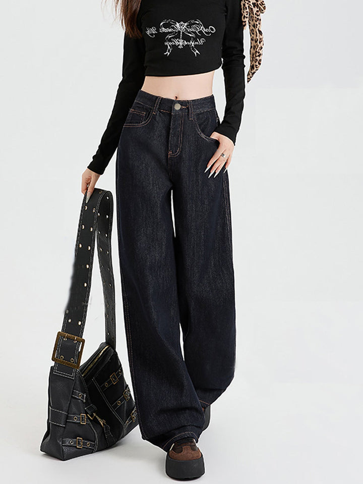 Drune | Lockere Dunkle Hohe Taillen Bodenlange Denim Hose