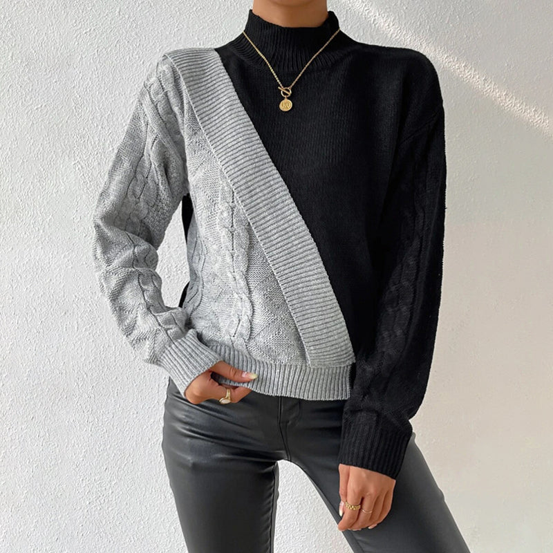Drune | Pullover - Damen Winter Patchwork Rollkragen Strickpullover