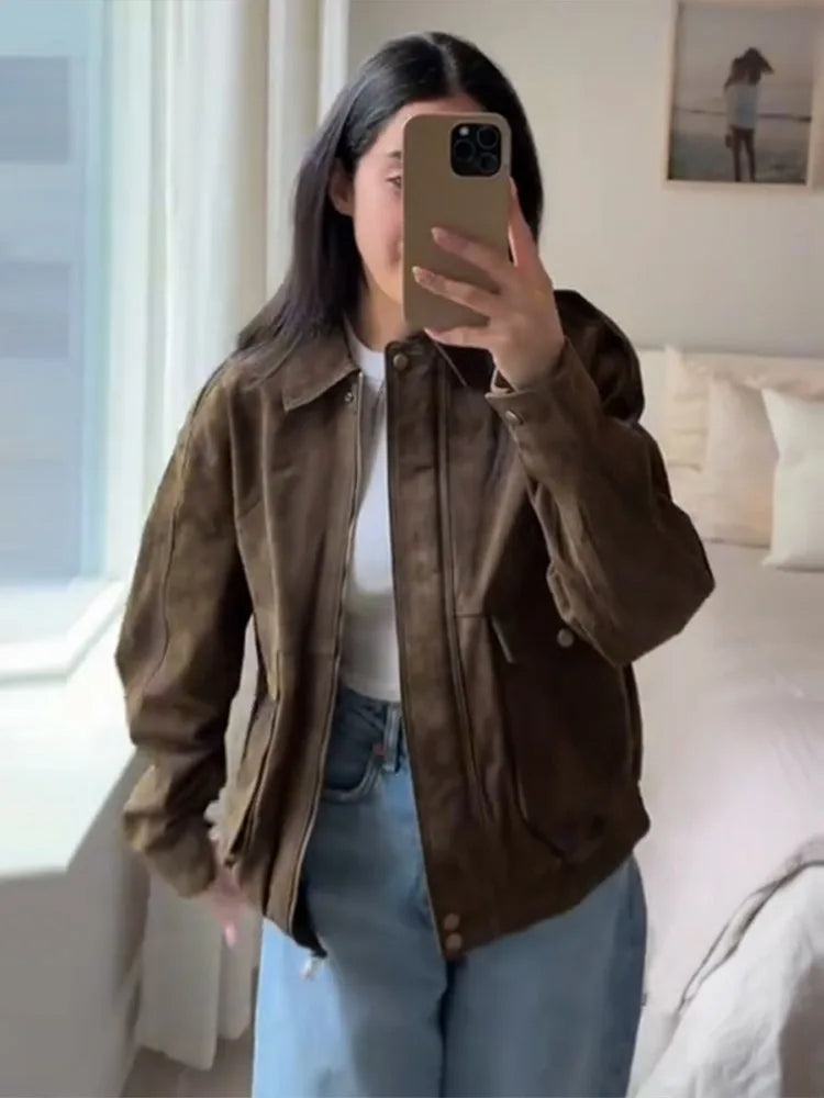Drune | Wildlederlook Jacke mit Reißverschluss und Reverskragen