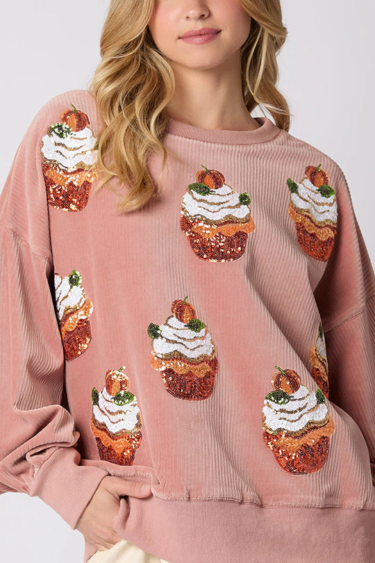 Drune | Weihnachts-Pumpkin-Kuchen Pailletten Rundhals lockeres Sweatshirt