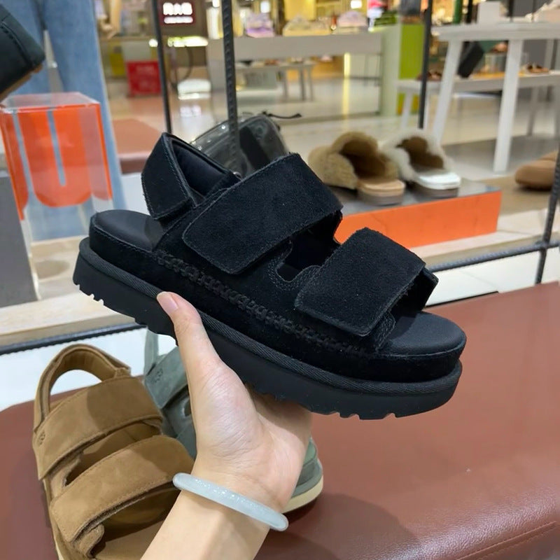 Drune | Frühling und Sommer Neue Echtes Leder Dicke Sohle Riemen Klettsandalen Frauen Offene Zehe Höhensteigerung