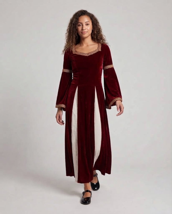 Frauen Historisches Samtkleid mit Ausgestellten Ärmeln und Dekorativem Kragen Drune