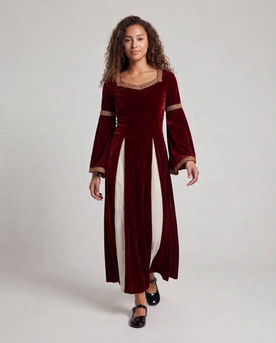 Frauen Historisches Samtkleid mit Ausgestellten Ärmeln und Dekorativem Kragen Drune