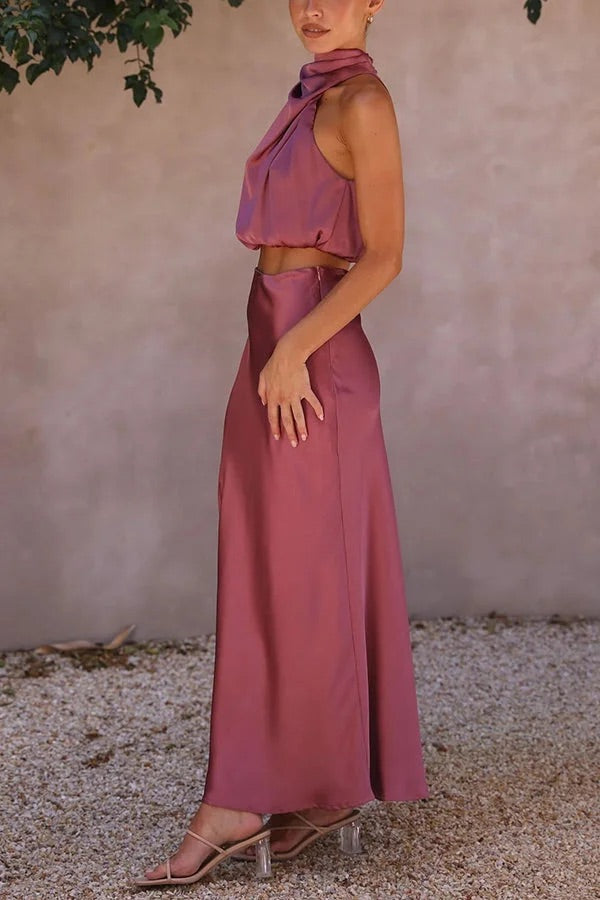 Drune | Solch Eine Stimmung Hochgeschlossene Satin Drapiert Maxirock Set
