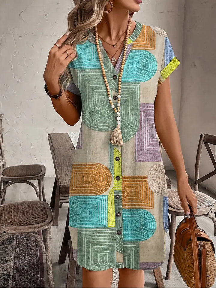 Drune | Sommerhemd mit Geometrischem Druck V-Ausschnitt und Knopfverschluss Elegantes Midikleid