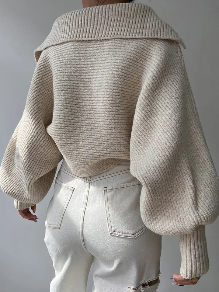 Drune | Cozy knitted sweater with lantern sleeves and open collar