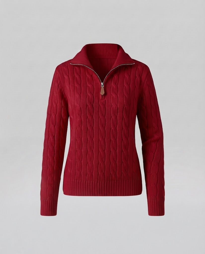 Damen Kabelstrick-Pullover mit halbem Reißverschluss und Stehkragen Drune