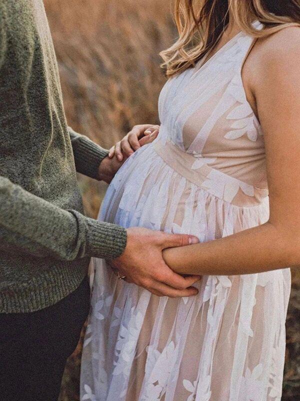 Drune-Fashion Fotoshooting-Kleider, Bohemian-Stil, Babyparty, Spitze, Tüll, V-Ausschnitt, Umstandsmode, Weiß, Maxi