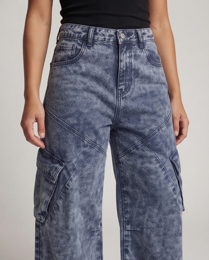 Damen weite Paneel-Cargo-Denim-Palazzo-Hose mit tiefem Schritt und großen Klappentaschen Drune