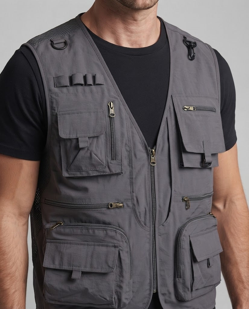 Herren Multifunktionale Angler- und Outdoorweste mit Netzfutter, vielen Taschen und Karabinerhaltern Drune