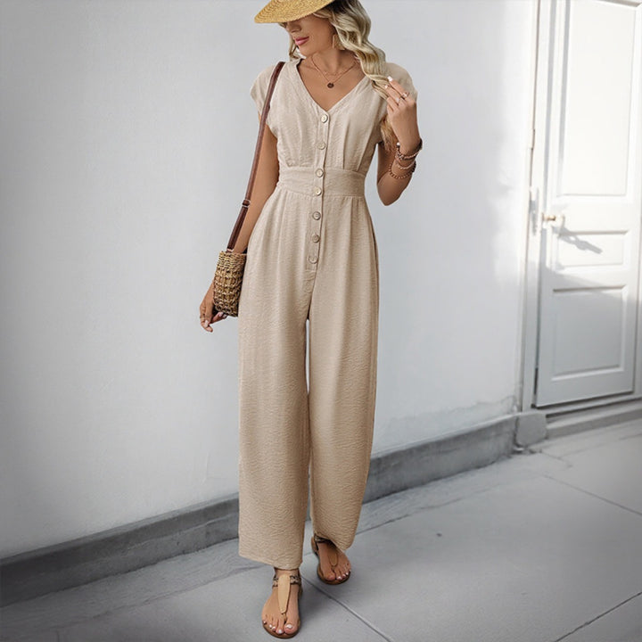Drune | V-Ausschnitt einfarbiger elastischer Overall mit hoher Taille und weitem Bein