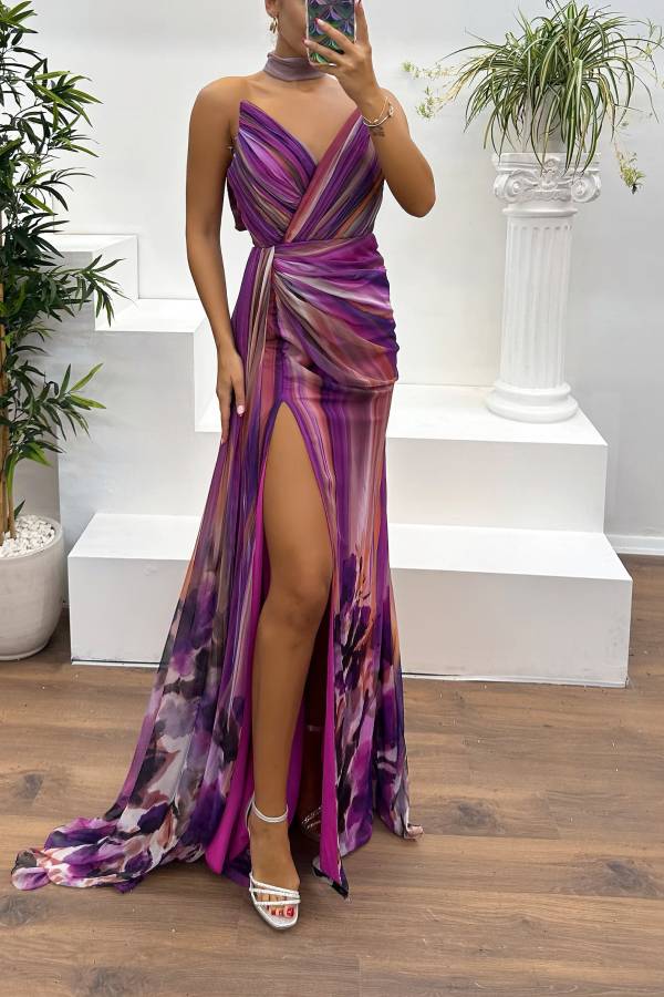 Drune | In A Dreamland Chiffon Floral Print Off Shoulder Pleated Scarf Slit Maxi Kleid