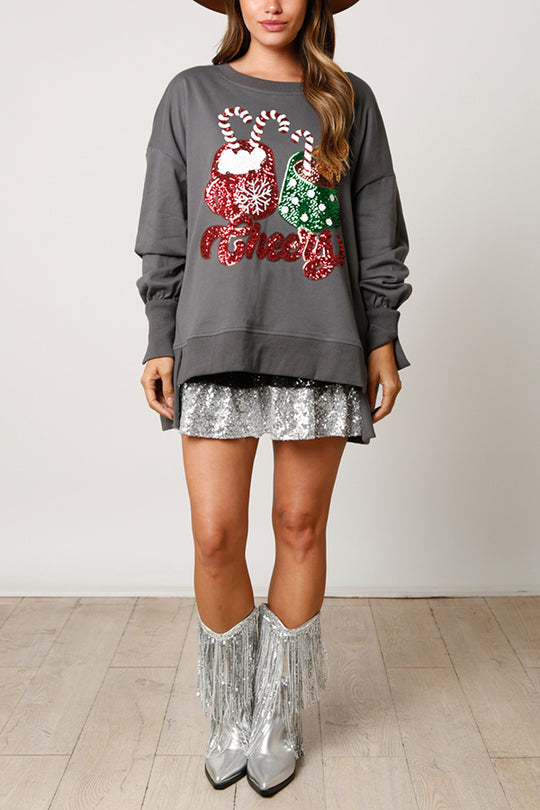 Drune | Weihnachts Süßigkeiten Tasse Pailletten Lässiger Lockere Sweatshirt