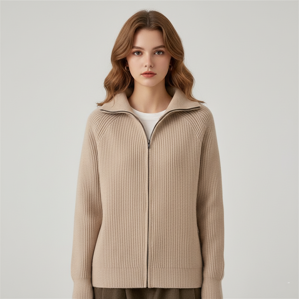 Drune | Strickjacke Passformted Passform Rippstrickwolle Hoher Kragen Reißverschlussverschluss