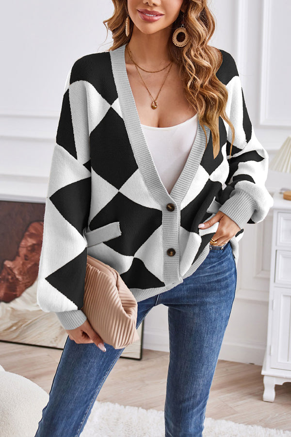 Drune | Hals geometrisches Patchwork kontrastierender Strickcardigan lässige lockere Jacke