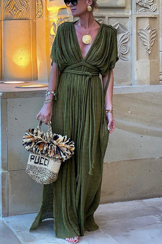 Drune Kimono-Maxikleid aus Leinenmischung im griechischen Stil mit Zöpfen und Schlitz