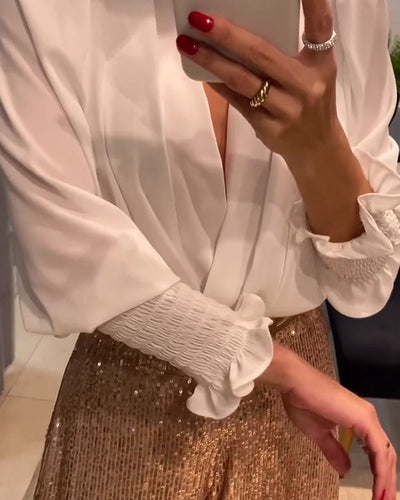 Drune | Elegante Einfarbige Bluse mit V-Ausschnitt und Laternenärmeln