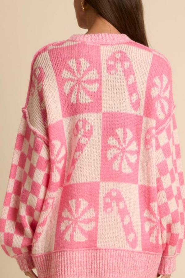 Drune | Weihnachts-Schneeflocke Bonbon runder Hals langer Ärmel loser gestrickter Pullover
