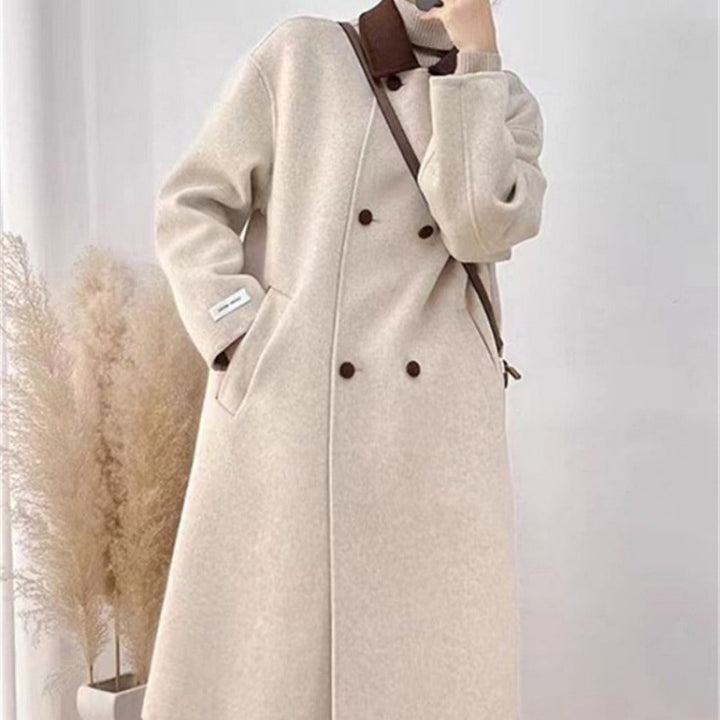 Drune | Wollmischung lange Jacke mit braunem Kragen für Damen - Ambra