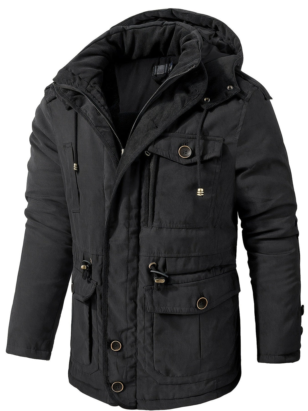 Drune | Warme Fleece Multi Taschen Kapuzen Cargo Winterjacke - Perfekt für Freizeitaktivitäten