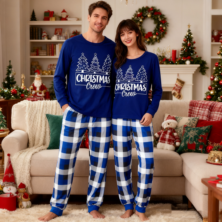 Drune | "Christmas Crew" und Bäume Blau Lange Ärmel mit Blau Karierte Paar passende Pyjamas