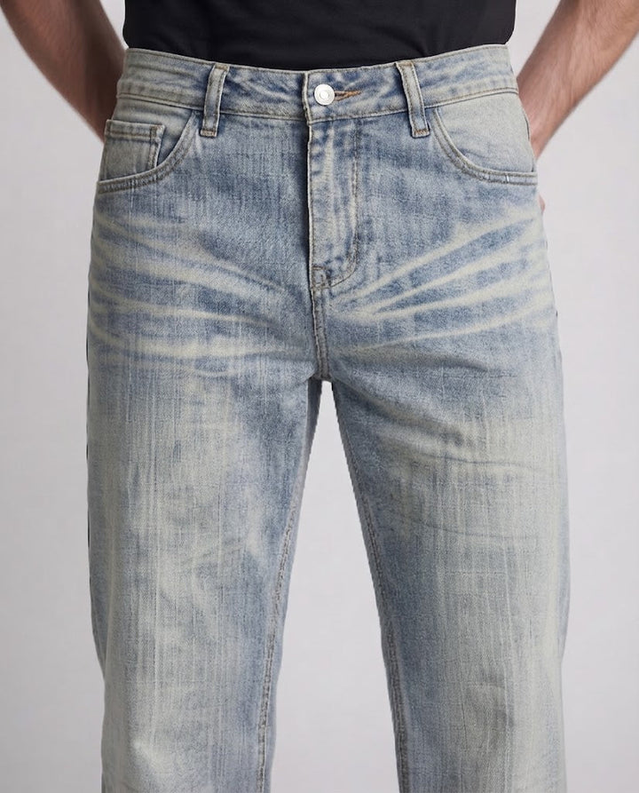 Herren Ultraweit geschnittene Vintage-Denim-Jeans mit Saumstapel und Whisker-Details Drune