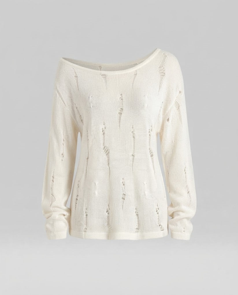Damen Lässiger Off-Shoulder Feinstrickpullover mit Destroyed‑Optik und weiter Silhouette Drune