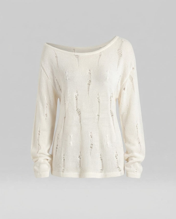 Damen Lässiger Off-Shoulder Feinstrickpullover mit Destroyed‑Optik und weiter Silhouette Drune