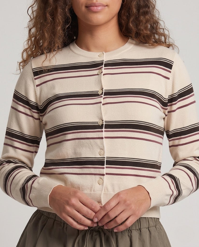 Damen Gestreifter Cropped-Strickcardigan mit Rundhalsausschnitt Drune