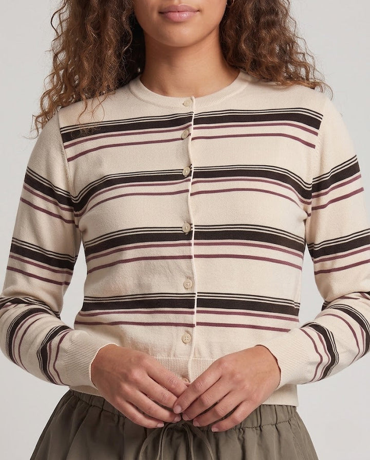 Damen Gestreifter Cropped-Strickcardigan mit Rundhalsausschnitt Drune