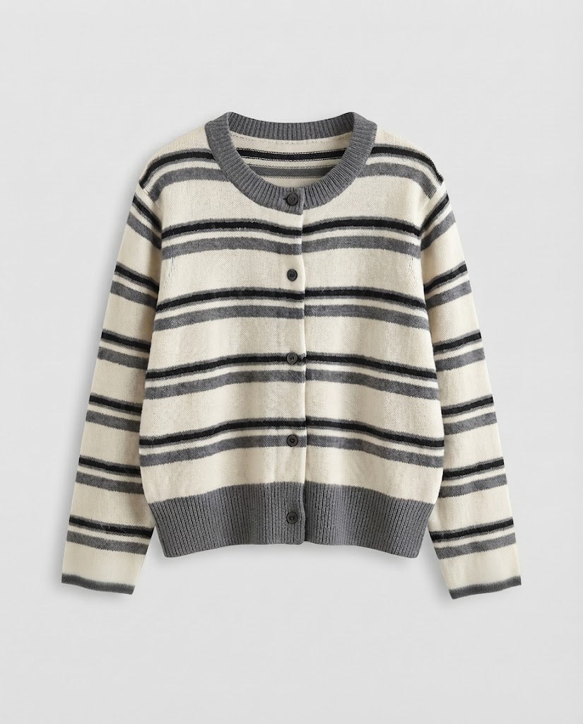 Damen Gestreifter Kurzcardigan im Retro‑College‑Look aus softem Wollmix mit Kontrastbündchen Drune