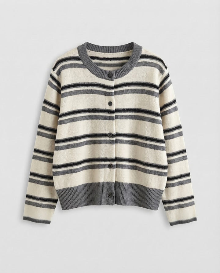 Damen Gestreifter Kurzcardigan im Retro‑College‑Look aus softem Wollmix mit Kontrastbündchen Drune