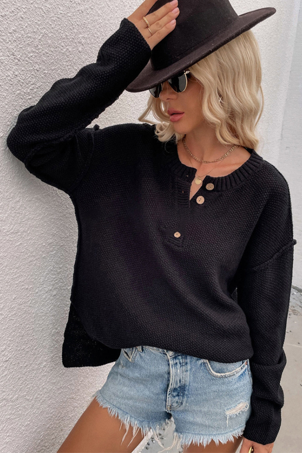 Drune Solid Color Übergrößen V-Ausschnitt Pullover