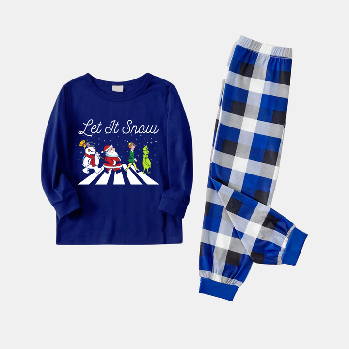 Drune | Paar Marineblau & Weiß Kariertes Pyjama-Set mit Weihnachtsmann und Cartoon-Muster-Druck