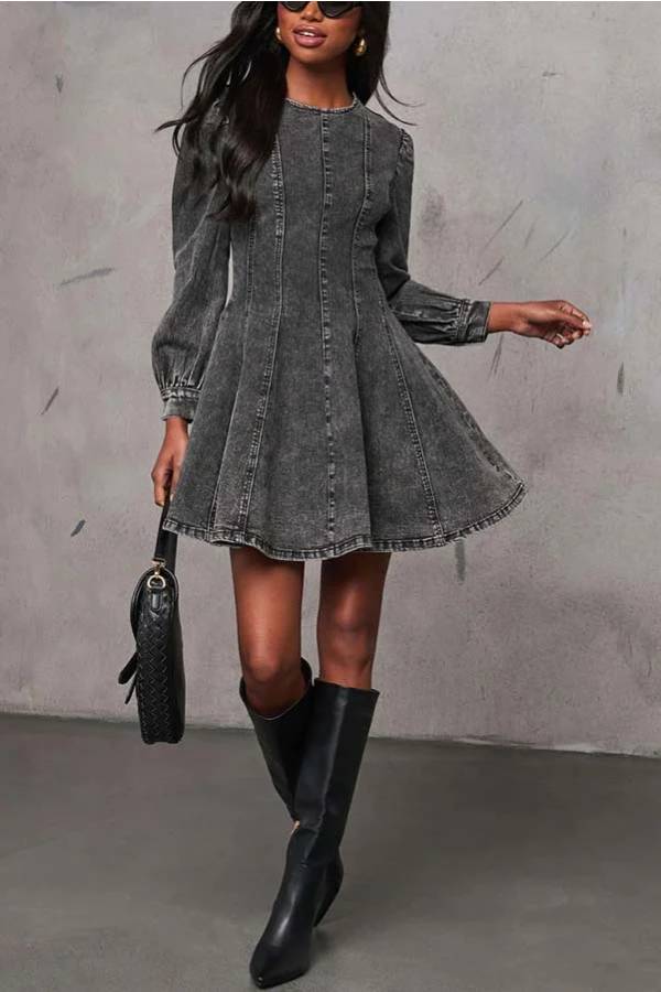 Drune | Fade Into You Denim Prinzessinnenlinie Rückenreißverschluss Flare Stretch Mini Kleid