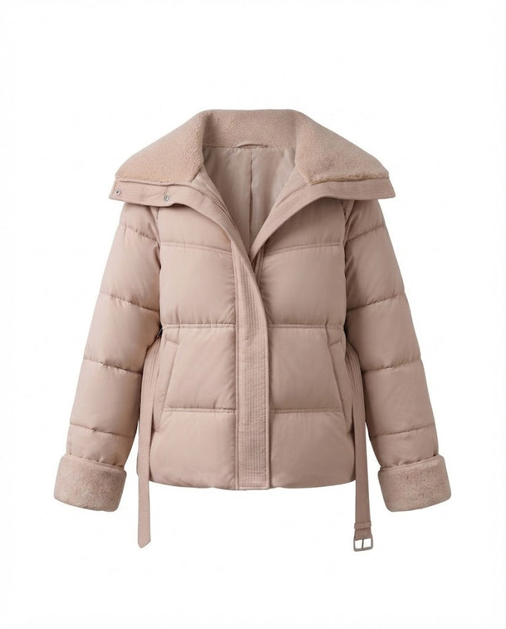 Damen kurze gepolsterte gesteppte Parka mit voluminösem Teddy-Kragen, tailliertem Gürtel und verdecktem Reißverschluss