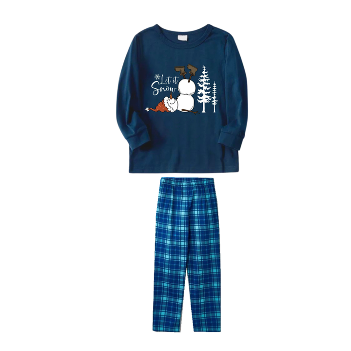 Drune | "Lass es schneien" Slogan und Schneemann bedruckte blaue Karierte Weihnachts-Pyjamas im Partnerlook