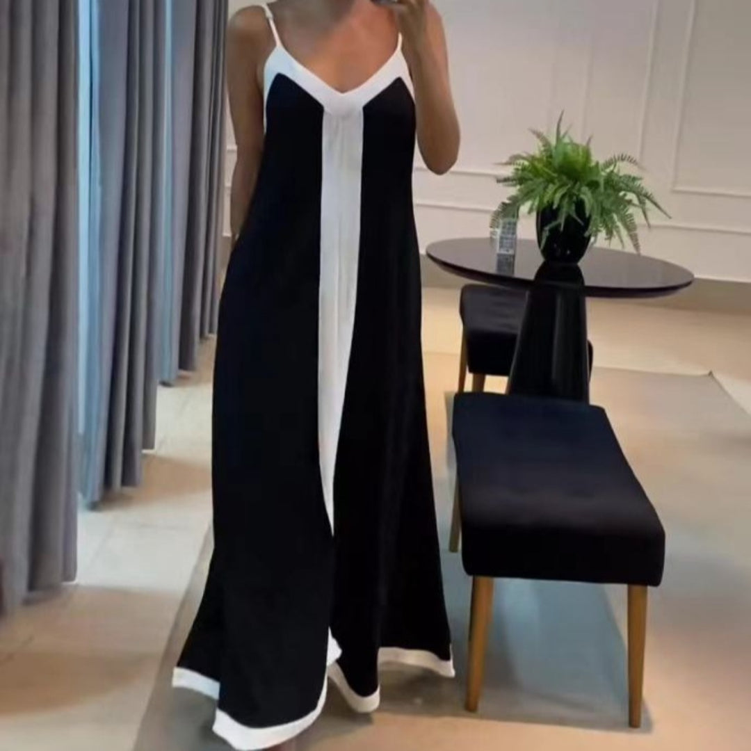 Drune | Kontrastfarbenes langes Kleid mit V-Ausschnitt und Strapsen