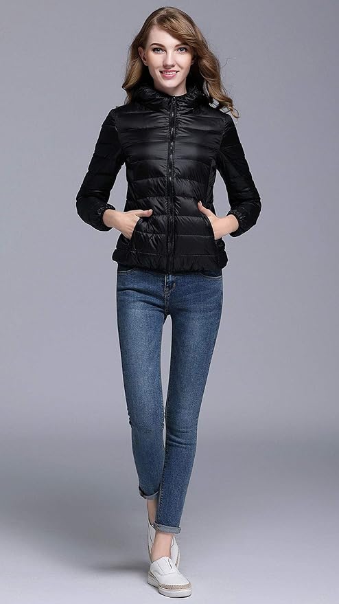 Drune | Winterdaunenjacke mit Kapuze für Damen Weiß und Schwarz - faltbare Daunenjacke