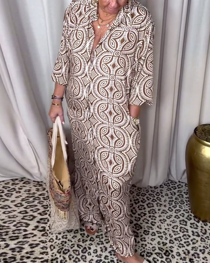 Drune | Vintage Bedrucktes Maxikleid mit Reverstaschen