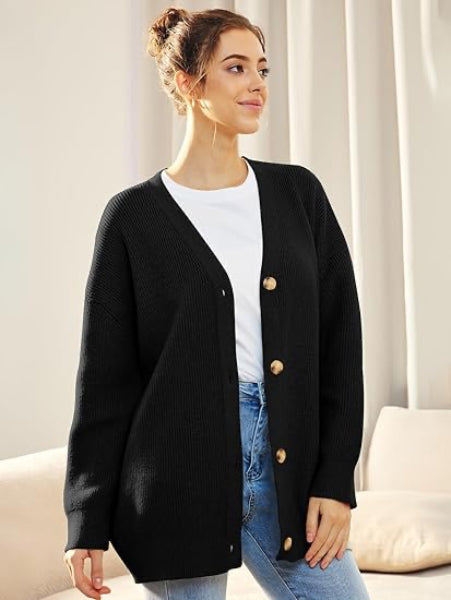 Drune | Cardigan - Damen Herbst Oversized V-Ausschnitt Knopf Cardigan