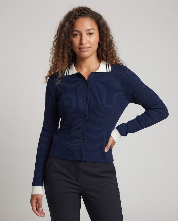Damen Feinstrick-Cardigan mit Polokragen und kontrastierenden Bündchen Drune