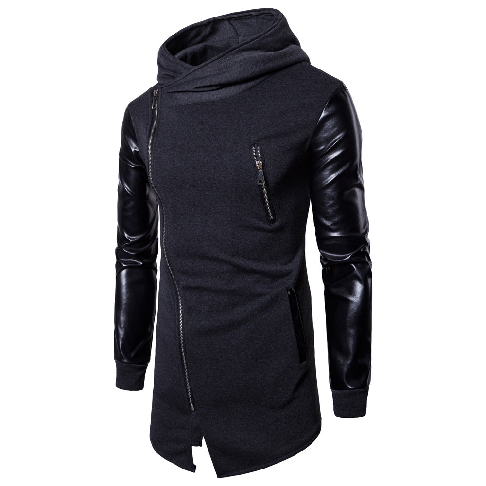 Herren Longline Kapuzen‑Sweatshirt mit asymmetrischem Reißverschluss und Kunstlederärmeln Drune