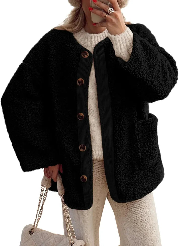 Drune | Damen Warme Winterjacken - Lässige Langarm Button-up Fleecejacke aus Sherpa