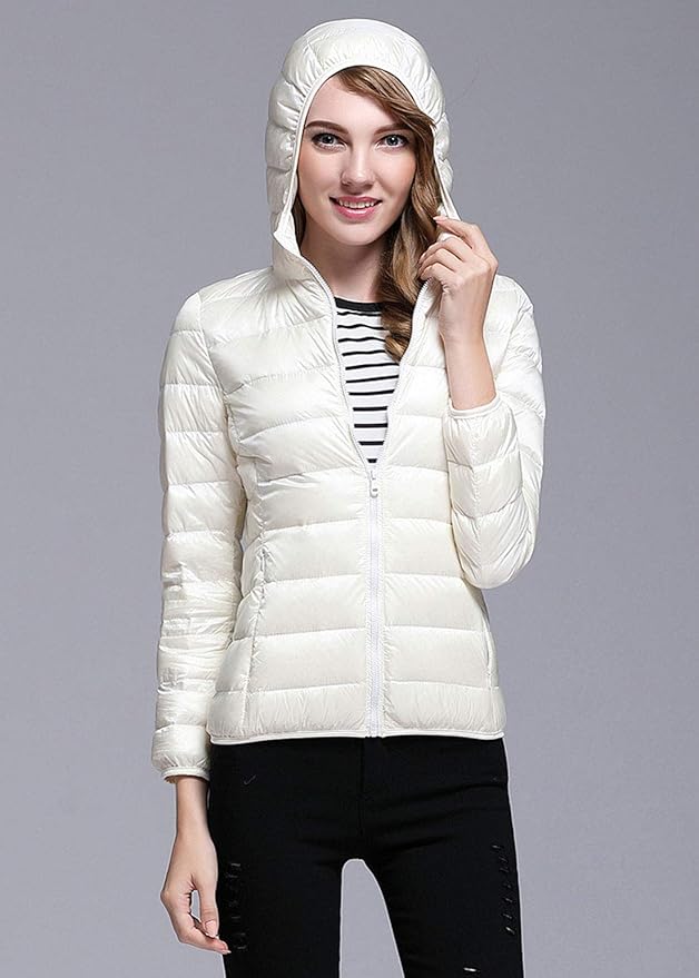 Drune | Winterdaunenjacke mit Kapuze für Damen Weiß und Schwarz - faltbare Daunenjacke