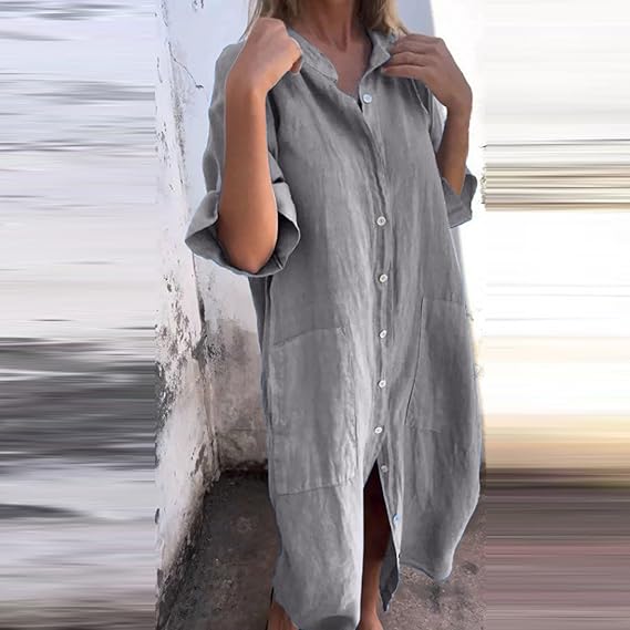 Drune | Lockeres Langes Kleid mit Langen Ärmeln und Seitentaschen Kleid