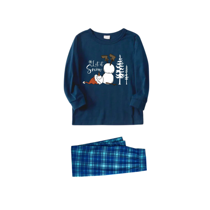 Drune | "Lass es schneien" Slogan und Schneemann bedruckte blaue Karierte Weihnachts-Pyjamas im Partnerlook