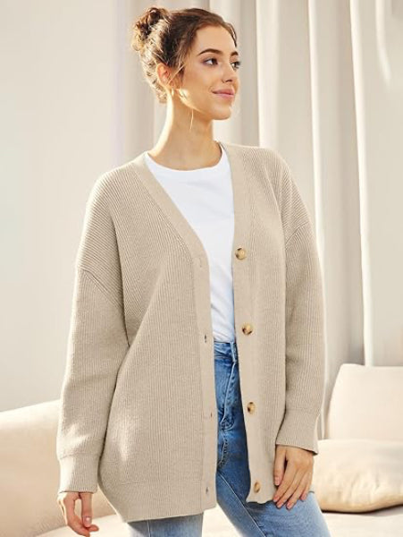 Drune | Cardigan - Damen Herbst Oversized V-Ausschnitt Knopf Cardigan