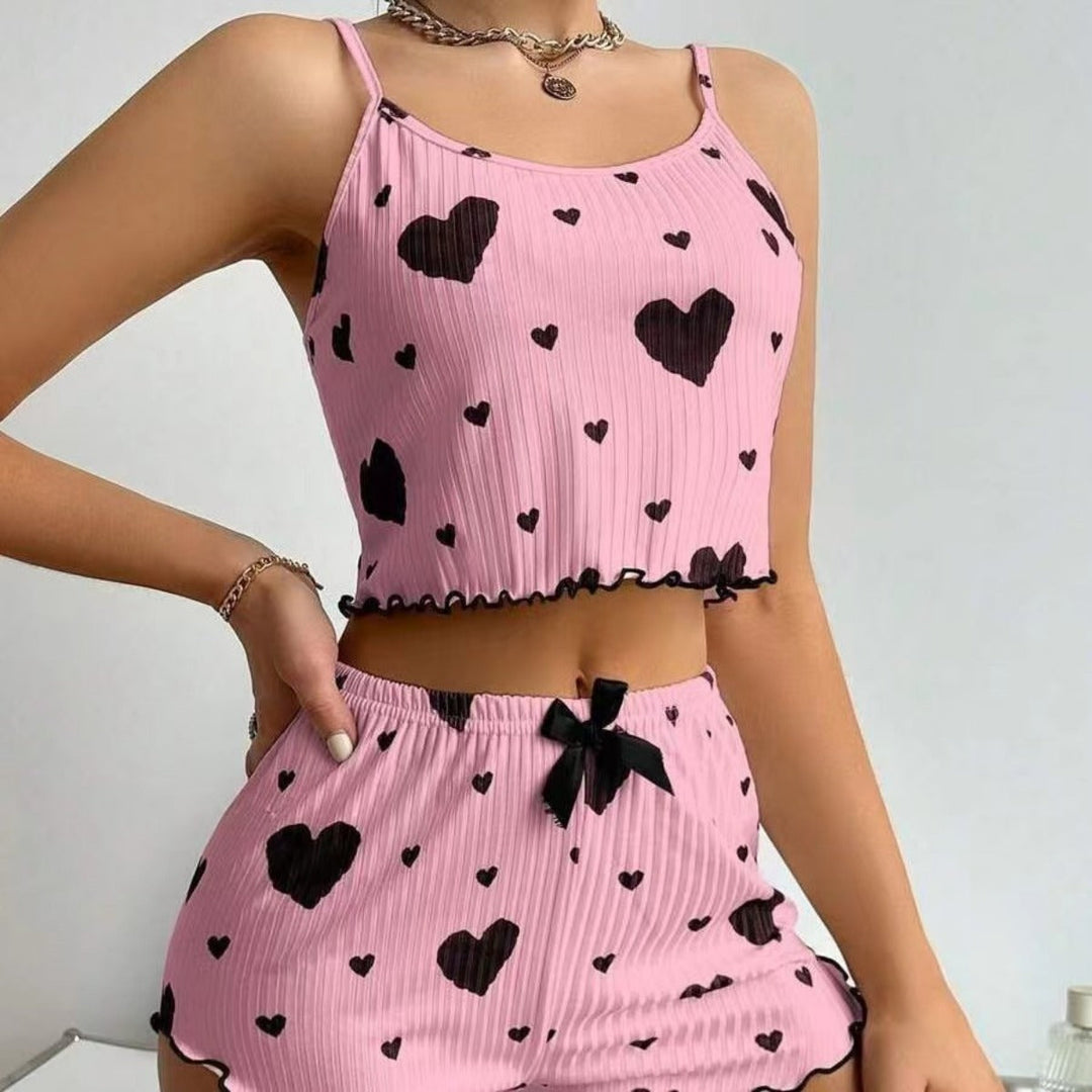 Drune | Liebe Bedruckte Hosenträger Shorts Pyjama Set