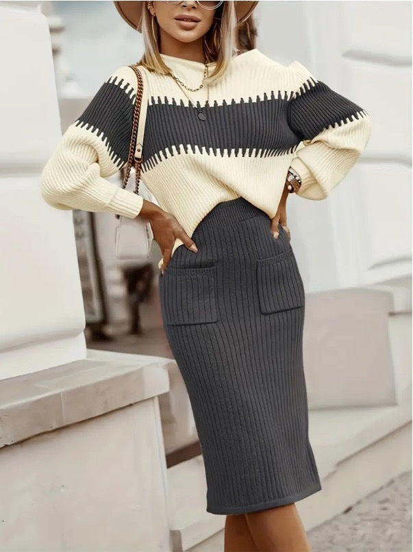 Drune | teilige Strickset - Pullover mit langen Ärmeln und schmalem Midirock